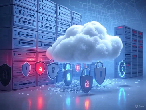 A cloud surrounded by digital locks and shields represents secure cloud computing in a server room.