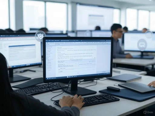 People working on computers in an office environment with multiple monitors.