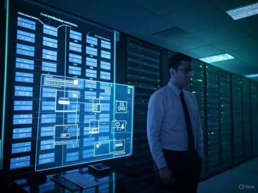 A man in business attire stands in a data center with holographic digital interface displays.
