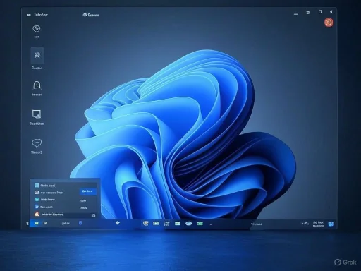 A Windows 11 desktop screen with a centered abstract blue wallpaper and an open start menu on a dark blue background.