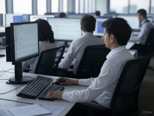 Office workers in white shirts are focused on computer screens in a modern, open-plan workspace.