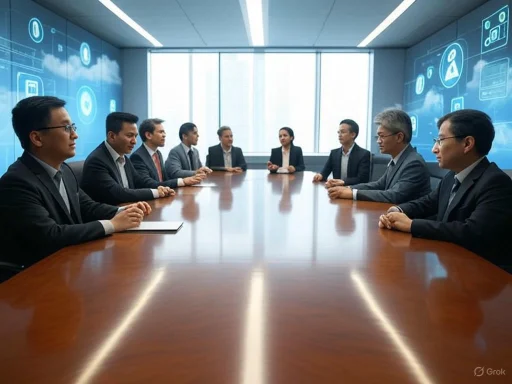 A group of business professionals in suits engaged in a meeting around a conference table. A group of business professionals in suits engaged in a meeting around a conference table.
