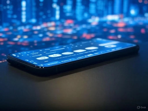 A smartphone displaying a weather app rests on a dark surface with a blurred cityscape background.