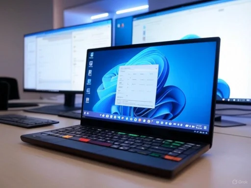 A laptop with Windows 11 open is on a desk, with two large monitors in the background.