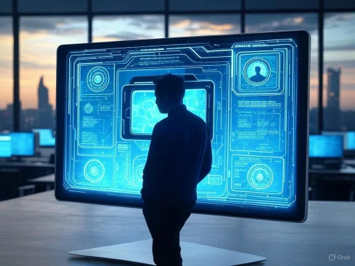 A silhouette of a person analyzing a large futuristic digital interface in a modern office at sunset.