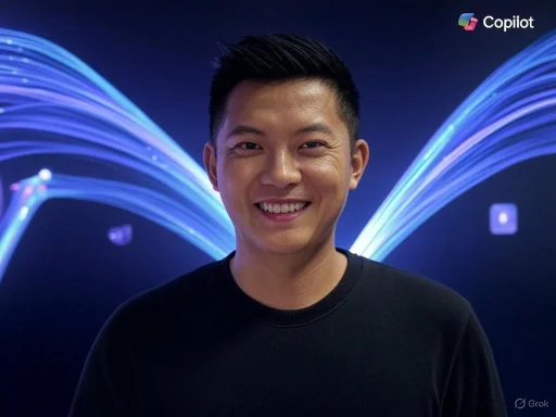 Smiling man with short hair stands in front of a dark background with blue digital light streaks and 'Copiiot' logo.