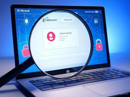 A magnifying glass focusing on a laptop screen displaying a blurred cybersecurity login interface.