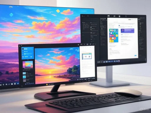 A sleek desktop setup with a keyboard, mouse, and three monitors displaying colorful screens and a Windows interface.