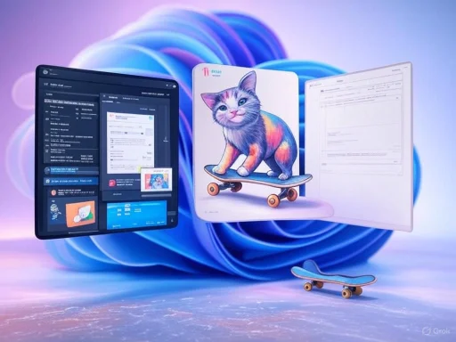 A colorful cat on a skateboard appears between two floating digital screens against a vibrant blue-purple background.