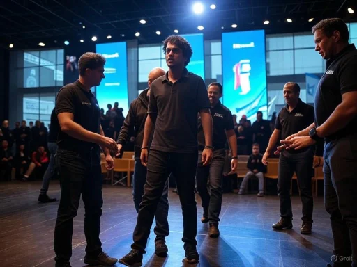 A group of men in black shirts stand and interact in a dimly lit indoor event space.