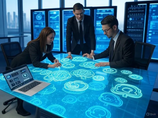 Three professionals analyze holographic brain scan data projected on a futuristic table in a high-tech office.