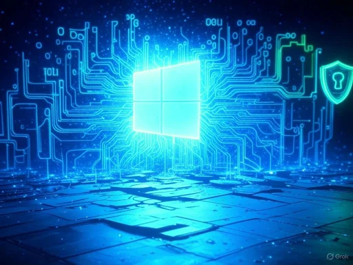 Glowing Windows logo integrated with circuitry and a security shield symbol on a futuristic blue digital background.