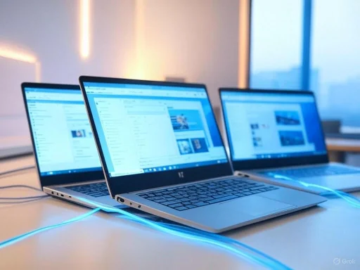 Three laptops on a desk with glowing blue cables connected, displaying software interfaces. Three laptops on a desk with glowing blue cables connected, displaying software interfaces.
