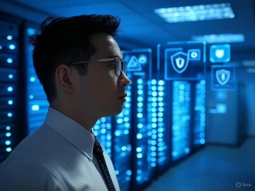 Man wearing glasses standing in a server room with glowing security icons floating nearby.
