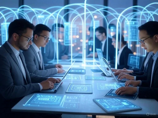 Business professionals working on laptops and digital interfaces surrounded by holographic security shields.