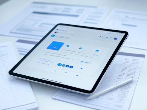 A tablet displaying a digital workspace is placed on printed documents with a stylus beside it.