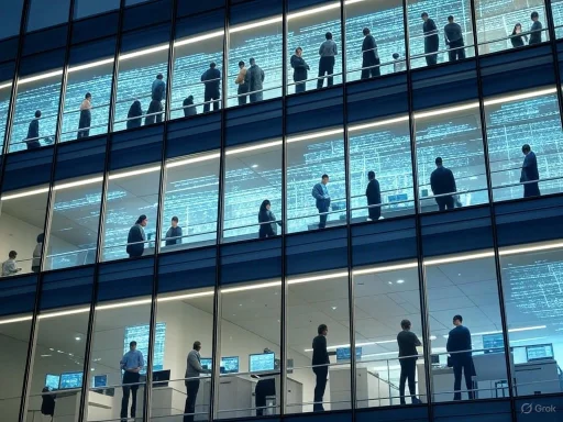 People work and interact inside a modern office building with large glass windows and digital displays.