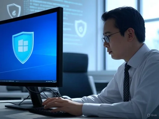 A man in business attire works on a computer displaying a Windows security shield logo.
