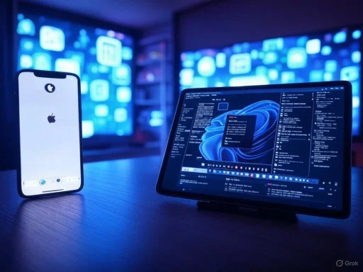 An iPhone and a tablet display respective operating system screens side by side in a tech-lit environment. An iPhone and a tablet display respective operating system screens side by side in a tech-lit environment.