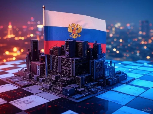 A miniature city of computer servers with a Russian flag backdrop symbolizes cybersecurity or data infrastructure.