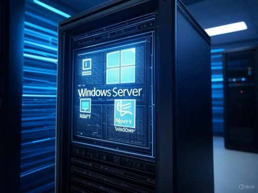 A server rack with a digital Windows Server interface and icons for Hyper-V and Filespy displayed.