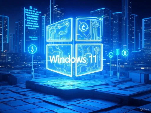 Futuristic blue neon cityscape with a glowing Windows 11 logo and digital circuit patterns.