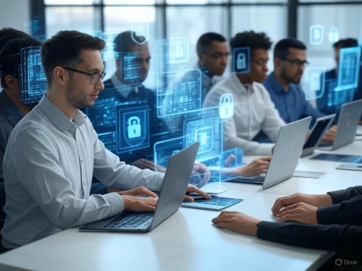 A diverse group of professionals focused on cybersecurity tasks with digital lock icons holographically displayed.