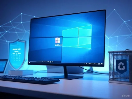 A modern desk setup features a widescreen monitor displaying Windows OS with a keyboard and cybersecurity-themed decor.