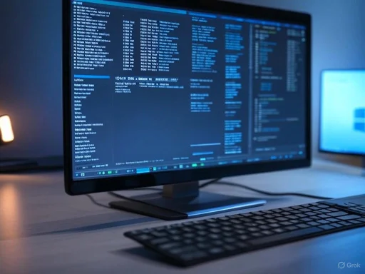 A widescreen monitor displays multiple lines of code and data on a desk with a wireless keyboard.