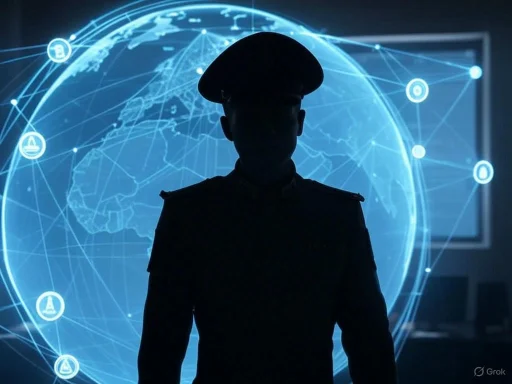 Silhouetted officer stands before a digital globe and networked icons in a high-tech command center.