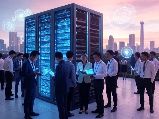 Professionals analyze data from a large glowing server tower against a city sunset backdrop.