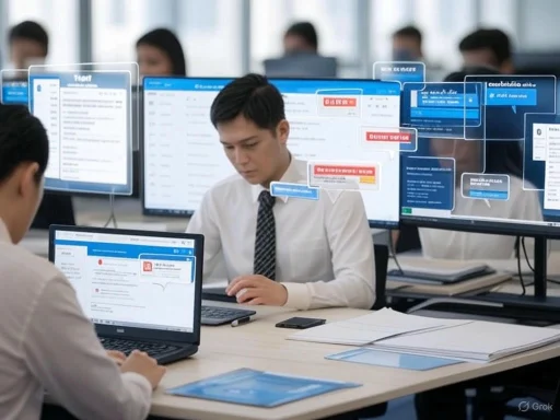 Two professionals work on laptops with multiple floating digital interface elements in a modern office.