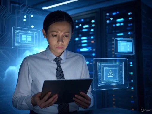 A woman in a data center analyzes a tablet displaying cybersecurity warnings and alerts.