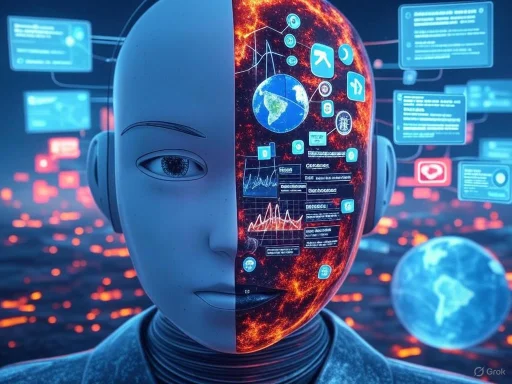 A futuristic humanoid robot with a digital interface and Earth data displayed on one half of its face.