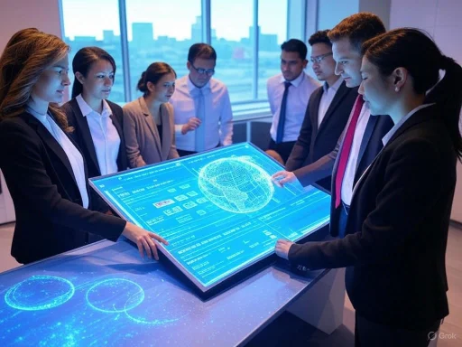 A diverse business team analyzes a futuristic digital globe and data on a holographic touchscreen table.