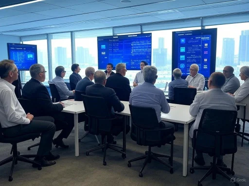 A group of professionals in a meeting room with digital screens displaying data and a cityscape view.