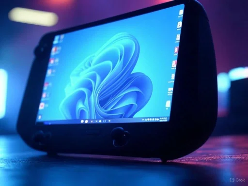 A handheld gaming device displays a Windows 11 desktop screen in a low-light, colorful setting.