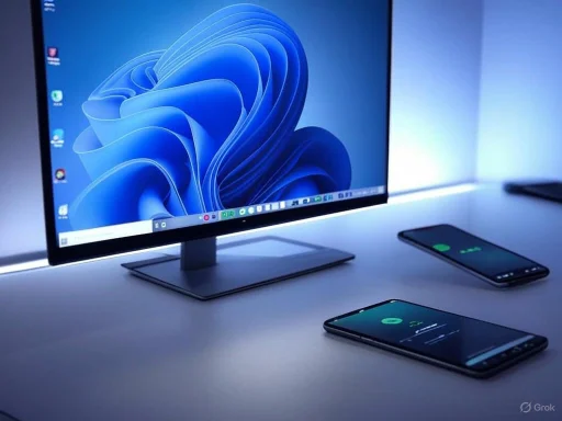 A modern desktop monitor displays a blue abstract wallpaper with two smartphones on a sleek white desk.