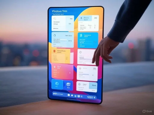 A person interacts with a transparent, futuristic tablet displaying colorful widgets at sunset.