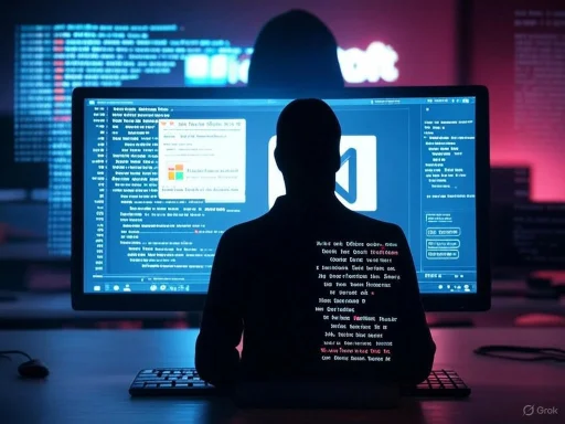 A silhouetted figure works on a computer with code and a Visual Studio logo displayed on the screen.