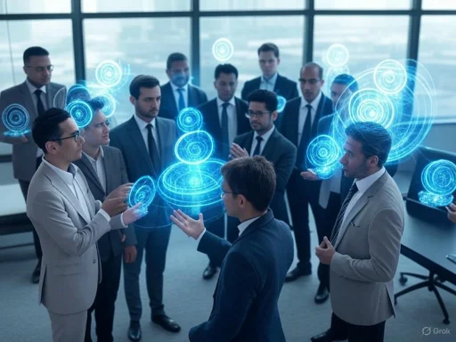 Business professionals engage with futuristic holographic technology during a meeting in an office.