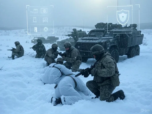 Military personnel in snowy terrain conduct training or a rescue operation, with armored vehicles in the background.