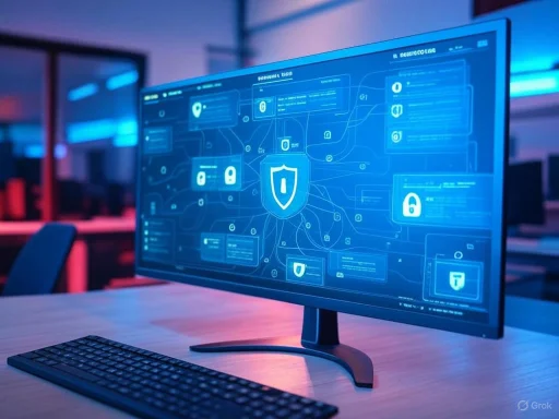 A computer monitor displays a cybersecurity interface with locks and shields in a high-tech workspace.