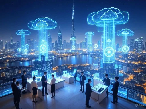 People working and discussing amidst holographic cloud technology displays over a city skyline at night.