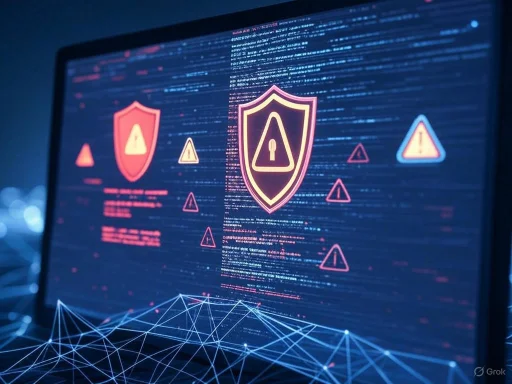 Computer screen displaying cybersecurity warning shields and alert icons, indicating a security threat or breach.