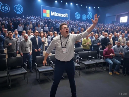 A man passionately speaks or yells at a large Microsoft conference filled with standing and seated attendees. A man passionately speaks or yells at a large Microsoft conference filled with standing and seated attendees.