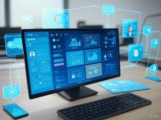 A computer monitor displaying various data analytics and metrics, surrounded by floating digital icons representing communication and connectivity.