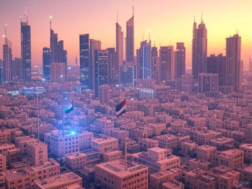 Dubai's skyline at sunset with a mix of modern skyscrapers and traditional low-rise buildings.