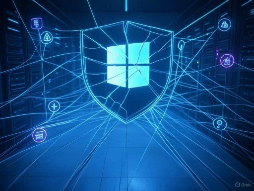 A digital illustration of a cracked shield with the Windows logo at center, surrounded by security icons in a data center.