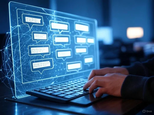 A person interacts with a transparent digital chat interface on a computer in a dark environment.